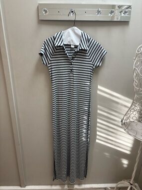 Striped Black & White Polo Maxi Dress - Casual Collared Maxi
